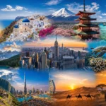 Best Places to Visit Around the World featuring iconic destinations including mountains, beaches, famous cities, and tropical islands.