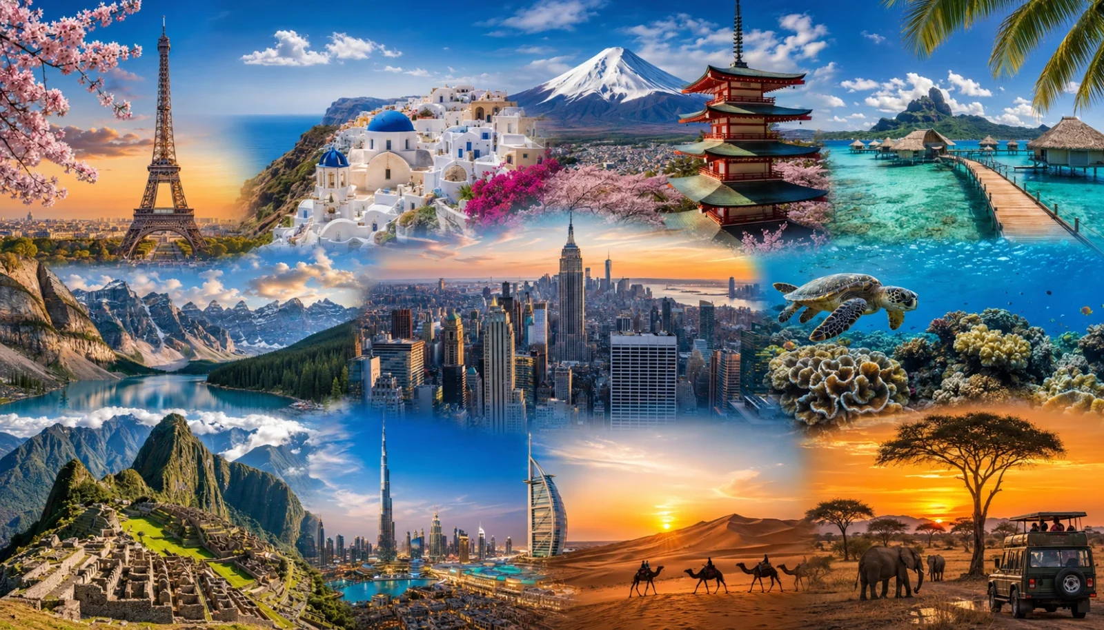 Best Places to Visit Around the World featuring iconic destinations including mountains, beaches, famous cities, and tropical islands.