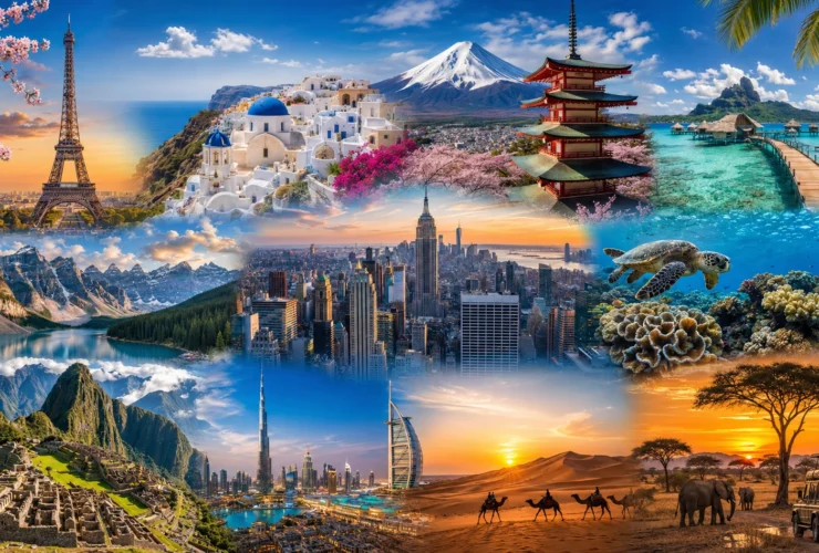 Best Places to Visit Around the World featuring iconic destinations including mountains, beaches, famous cities, and tropical islands.