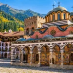 Rila Monastery in Bulgaria with colourful church frescoes and mountain scenery