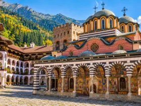 Rila Monastery in Bulgaria with colourful church frescoes and mountain scenery
