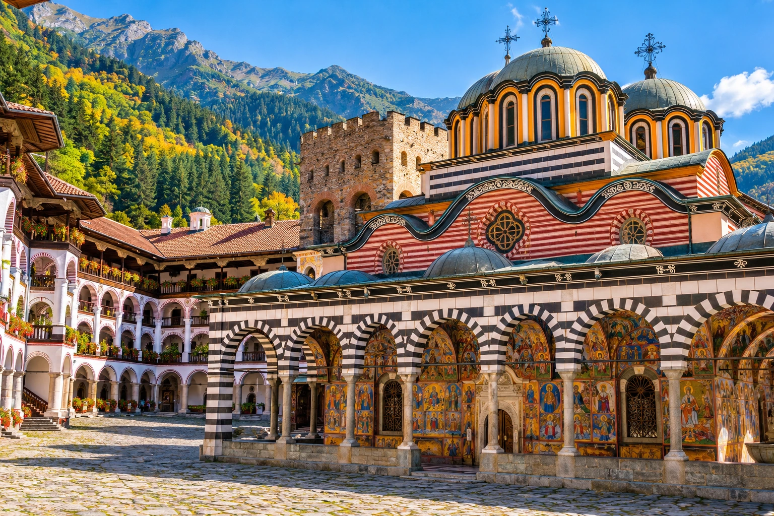 Rila Monastery in Bulgaria with colourful church frescoes and mountain scenery