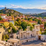 Panoramic view of Plovdiv, Bulgaria, with traditional Old Town houses.