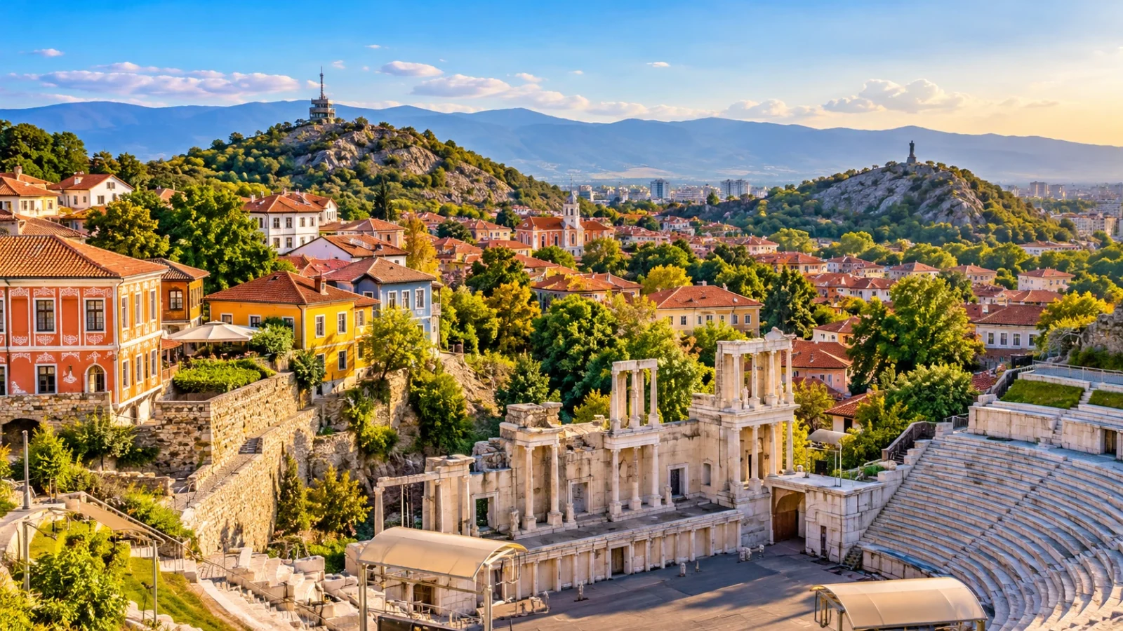 Panoramic view of Plovdiv, Bulgaria, with traditional Old Town houses.