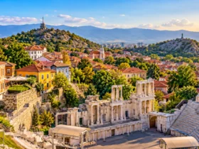 Panoramic view of Plovdiv, Bulgaria, with traditional Old Town houses.