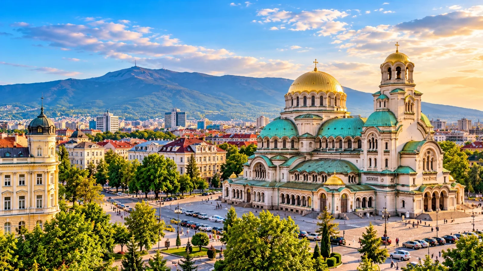 Alexander Nevsky Cathedral and Sofia city skyline with Vitosha Mountain in the background
