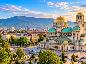 Alexander Nevsky Cathedral and Sofia city skyline with Vitosha Mountain in the background
