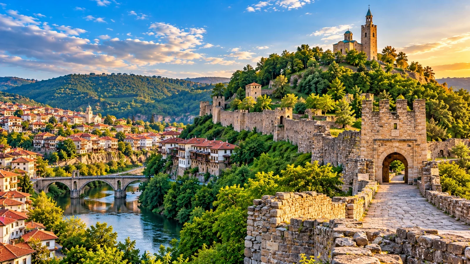Veliko Tarnovo, Bulgaria, with a historic hilltop fortress overlooking the old town and Yantra River