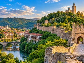 Veliko Tarnovo, Bulgaria, with a historic hilltop fortress overlooking the old town and Yantra River